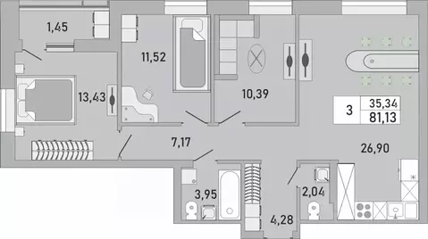 3-к кв. Башкортостан, Уфа Бакалинская ул., 9/1 (81.13 м)