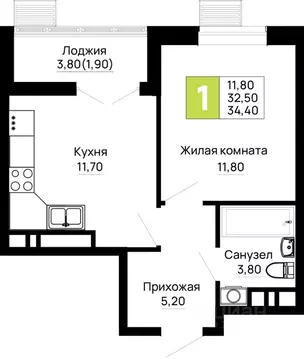 1-к кв. Адыгея, Тахтамукайский район, Яблоновский пгт  (34.4 м)