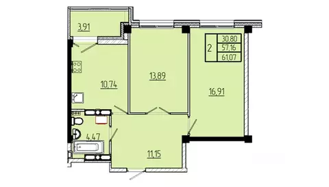 2-к кв. Омская область, Омск Волгоградская ул., с3 (61.07 м)