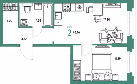 2-к кв. Тюменская область, Тюмень ул. 50 лет Октября, 61к1 (40.74 м)