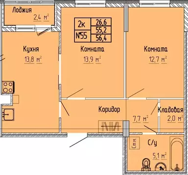 2-к кв. Тверская область, Тверь Атлант жилой комплекс (56.4 м)