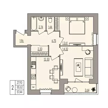 2-к кв. Волгоградская область, Волгоград ул. Землячки, 84/7 (57.44 м)