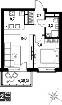 Студия Пермский край, д. Кондратово просп. Дягилева, 3 (37.7 м)