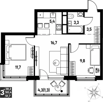 Студия Пермский край, д. Кондратово просп. Дягилева, 3 (51.7 м)