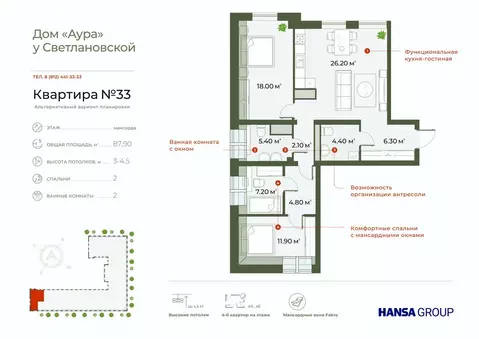 2-комнатная квартира: Санкт-Петербург, Зеленогорская улица, 3 (87.9 м)