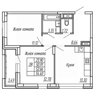 2-к кв. Марий Эл, Йошкар-Ола Два Капитана жилой комплекс (52.66 м)