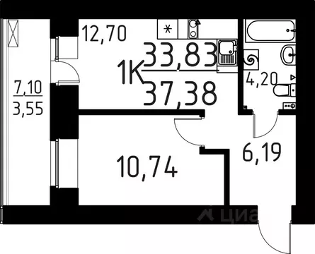 1-к кв. Томская область, Томск ул. Вершинина, 58к1 (37.38 м)