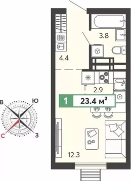 Квартира-студия: село Засечное, микрорайон Город Спутник (23.4 м)
