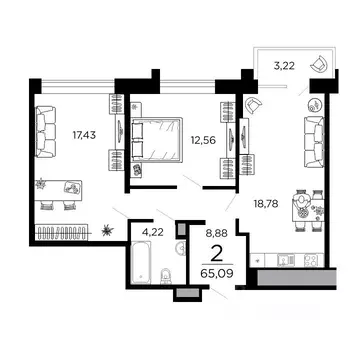 2-к кв. Рязанская область, Рязань ул. 1-я Железнодорожная (65.09 м)