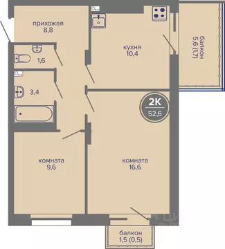 2-к кв. Пермский край, Пермь ш. Космонавтов, 309Ак1 (52.6 м)