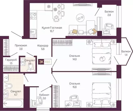 2-к кв. Нижегородская область, Нижний Новгород ул. Тургенева (67.2 м)