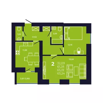 2-к кв. Башкортостан, Уфа ул. Михаила Зайцева, 6 (63.3 м)