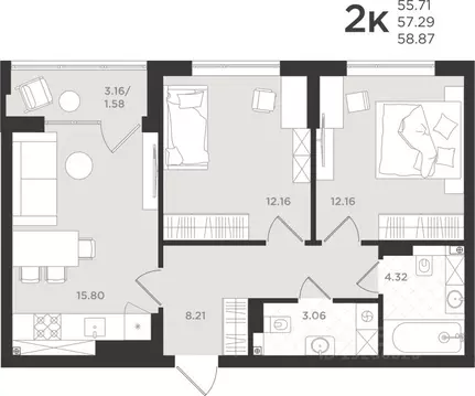2-к кв. Калининградская область, Светлогорск  (57.29 м)