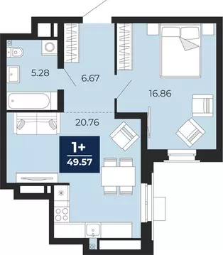 1-комнатная квартира: Тюмень, ЖК Айвазовский Сити (49.57 м)