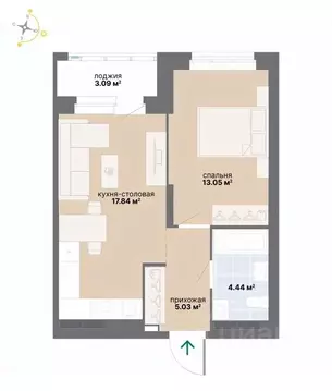 1-к кв. Свердловская область, Екатеринбург ул. Циолковского (43.45 м)