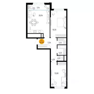 2-к кв. Рязанская область, Рязань ул. Земнухова (69.99 м)