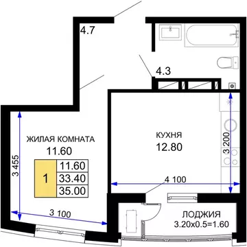 1-к кв. Краснодарский край, Краснодар Фонтаны жилой комплекс (35.0 м)
