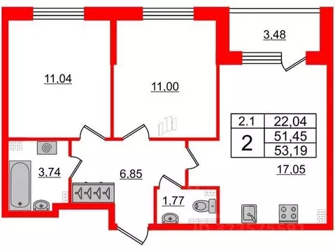 1-к кв. Санкт-Петербург Пулковское ш., 99к6 (51.45 м)