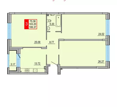 3-к кв. Тверская область, Тверь Петербургское ш. (106.37 м)