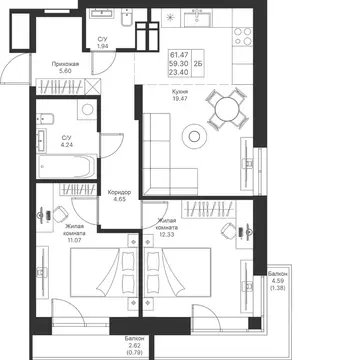 2-к кв. Татарстан, Казань Мой Ритм жилой комплекс, ПК14 (61.47 м)