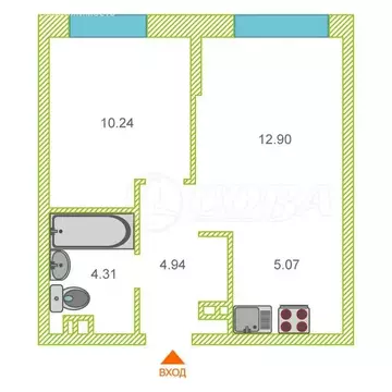 1-комнатная квартира: Тюмень, улица Первооткрывателей, 8 (38 м)