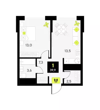 1-комнатная квартира: Тюмень, улица Первооткрывателей, 9 (39.9 м)