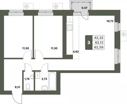 3-к кв. Башкортостан, Уфимский район, с. Миловка  (62.59 м)