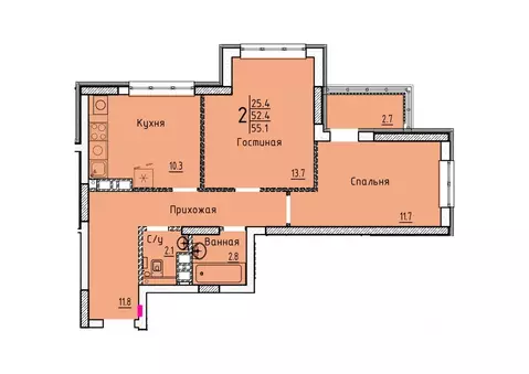 Свободной планировки кв. Саратовская область, Энгельс  (55.1 м)
