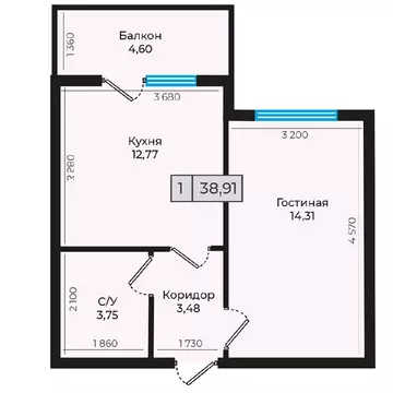 1-к кв. Ставропольский край, Невинномысск ул. Дунаевского, 11Г (38.91 ...