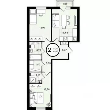 2-к кв. Тюменская область, Тюмень ул. Александра Звягина, 2 (63.37 м)