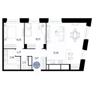 2-к кв. Рязанская область, Рязань ул. Ленинского Комсомола (68.18 м)