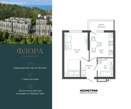 1-комнатная квартира: Сочи, улица Искры, 66/9к6 (33.4 м)