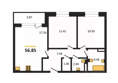 2-к кв. Воронежская область, Воронеж ул. Матросова, 60 (56.85 м)