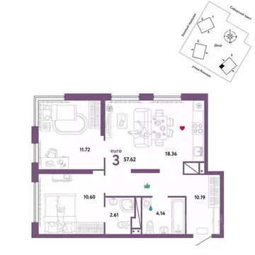 3-к кв. Свердловская область, Екатеринбург тракт Сибирский, 24Д (57.62 ...