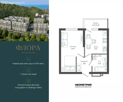 1-комнатная квартира: Сочи, улица Искры, 66/9к7 (33.9 м)