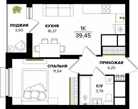1-к кв. Тульская область, Тула  (39.45 м)