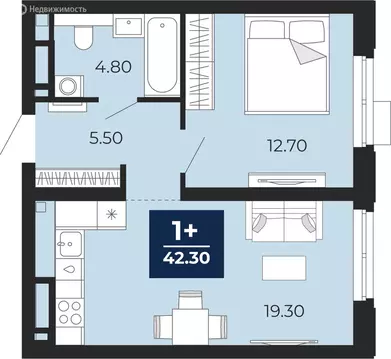 1-комнатная квартира: Тюмень, улица Пожарных и Спасателей, 2 (42.3 м)