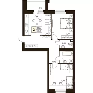 2-к кв. Башкортостан, Уфа ул. Ахметова, 296/2 (63.67 м)