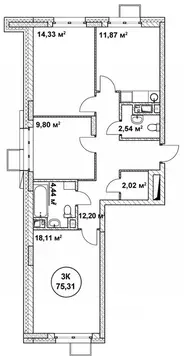 3-к кв. Нижегородская область, Нижний Новгород ул. Родионова (75.31 м)