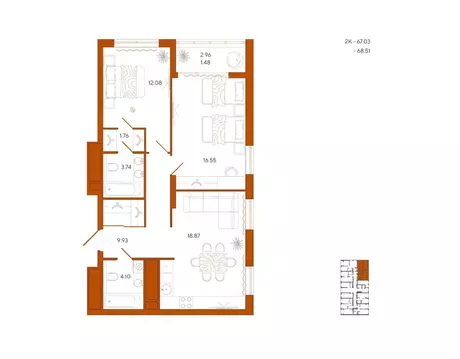 2-к кв. Пензенская область, Пенза Терра жилой комплекс (68.51 м)
