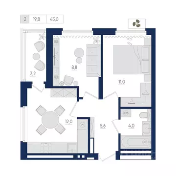 2-к кв. Башкортостан, Уфа ул. Евгения Столярова, 13 (43.0 м)