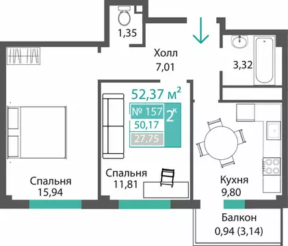2-комнатная квартира: Мирное, ЖК ПроПолис (50.17 м)