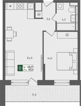 1-к кв. Курганская область, Курган Заозерный жилрайон,  (57.2 м)