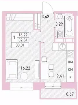 1-к кв. Московская область, Балашиха ул. Безымянная, 16 (33.01 м)
