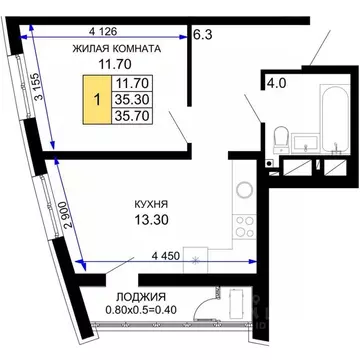 1-к кв. Краснодарский край, Краснодар Воронежская ул., 47/14 (35.7 м)