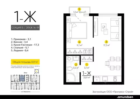 1-к кв. Свердловская область, Екатеринбург Академический мкр, 20-й ...