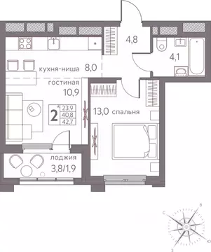 Студия Пермский край, Пермь ул. Серебристая, 3 (42.7 м)