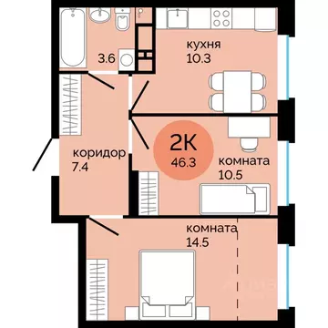 2-к кв. Пермский край, Пермь ул. Яблочкова, 5к4 (46.3 м)