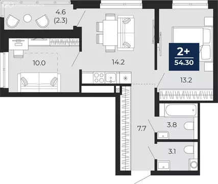 2-комнатная квартира: Тюмень, проезд Капитана Куликова, 3 (54.3 м)