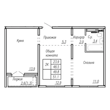 2-к кв. Алтайский край, Барнаул ул. Антона Петрова, 210Б (49.8 м)